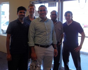 DOE Fellow, Rinaldo Gonzalez with engineers from PNNL Computational Mechanics Team. From left to right: Naveen Karri, his PNNL mentor Kenneth Johnson, Siva Pilli and Scott Sanborn. 