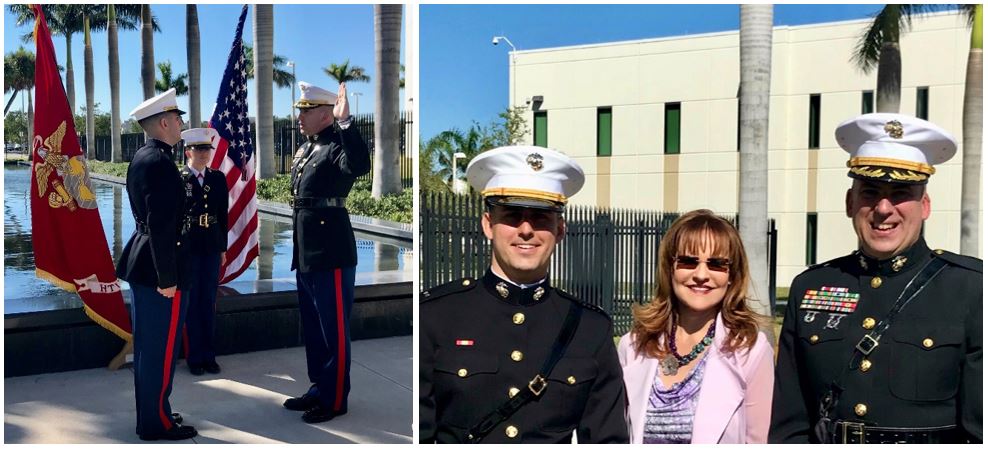 Official commissioning of Second Lieutenant Jesse Viera into the U.S. Marine Corps on March 3, 2018 (left) and with Dr. Inés Triay (Executive Director, FIU ARC) and Mr. Joseph Sinicrope.