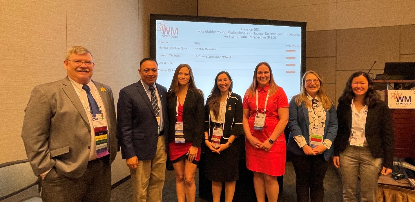 (L to R) Dr. Robert Berry, Dr. Leonel Lagos, Olivia Bustillo (DOE-LM Fellow), Dr. Silvina Di Pietro (DOE-EM Fellow Alumna), Ms. Monica Block, Ms. Saralyn Thomas, and Ms. Grace Chen prior to the ‘Young Professionals in Nuclear Science and Engineering – an International Perspective’ session 